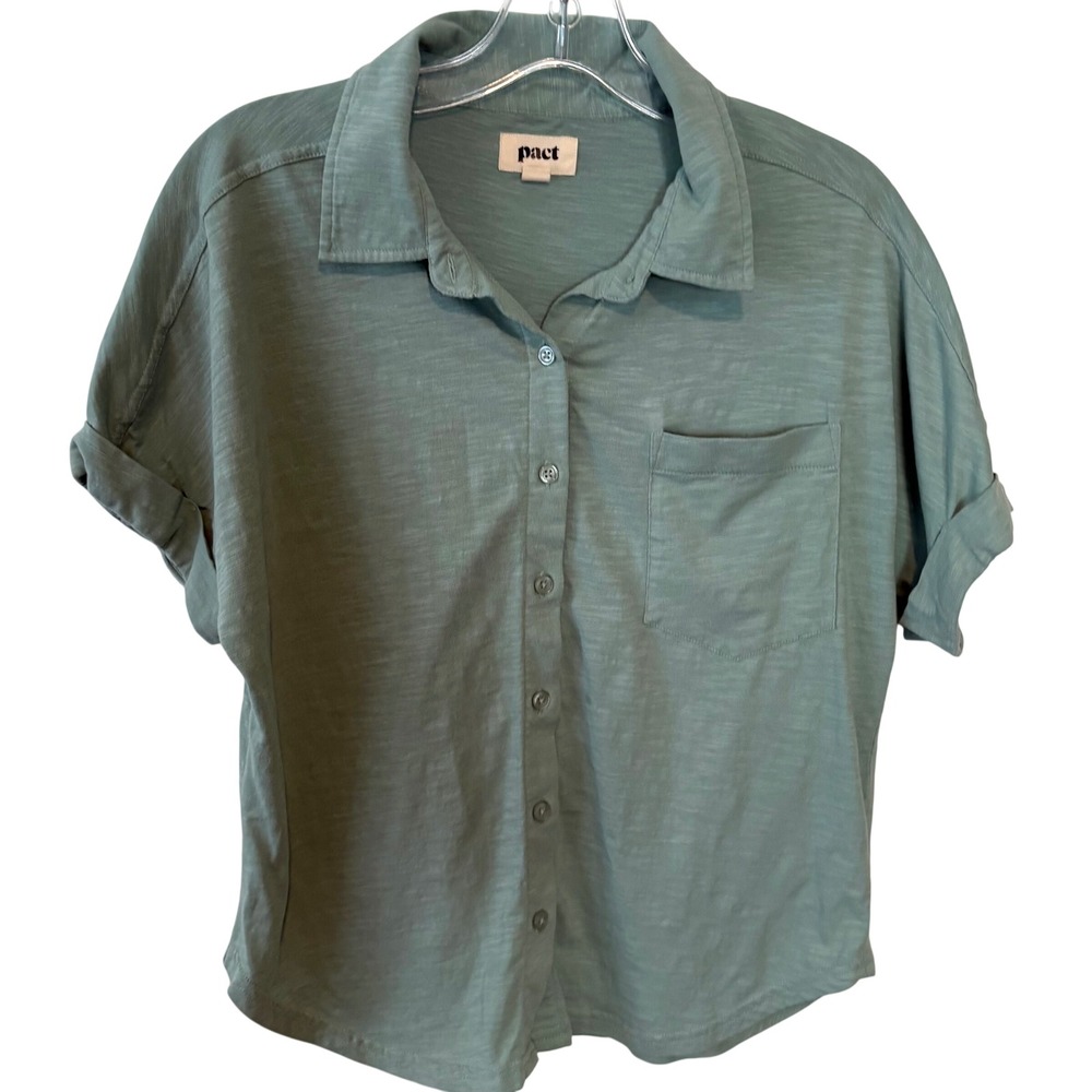 Pact Women's Sage Green Organic Cotton Short Sleeve Button Front Shirt in Size S